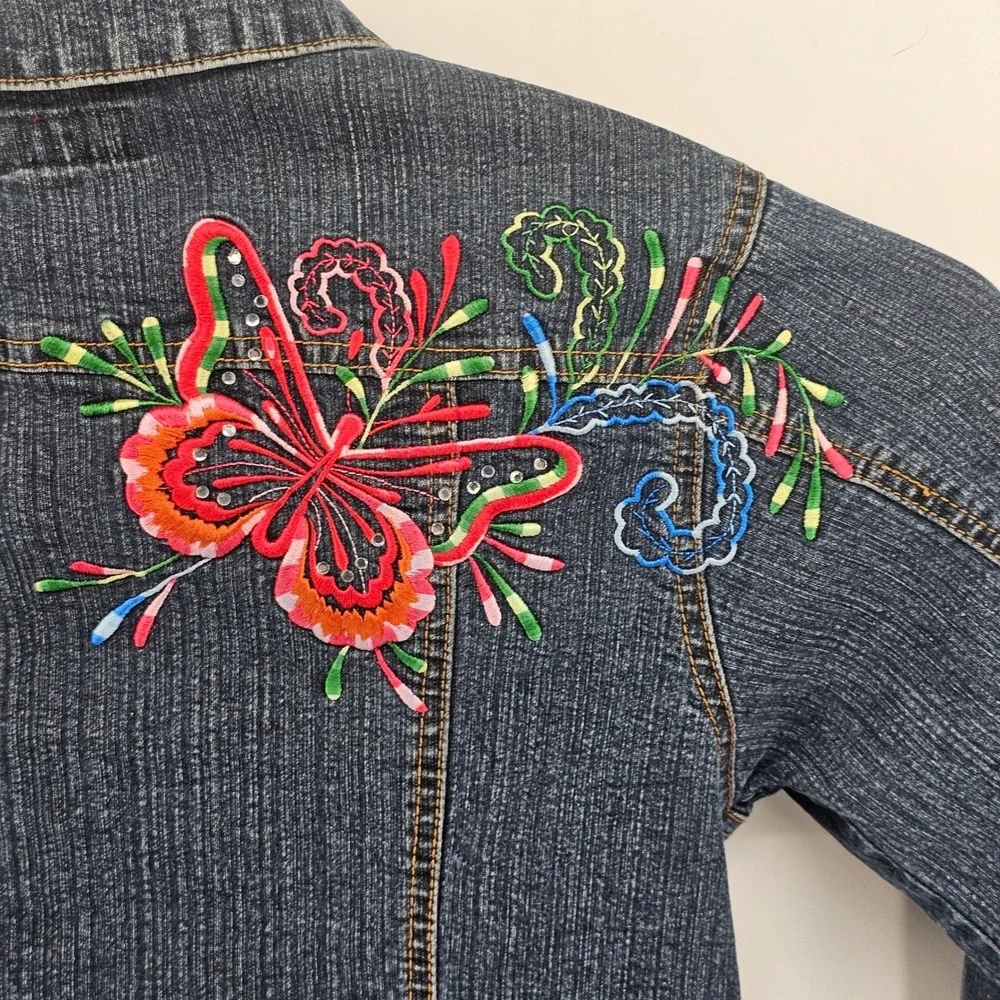Arizona Denim Jacket Girls Size XL 10/12 Blue Butterfly Embroidered Rhinestone‎